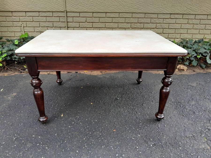 A 20th Century English Mahogany French Polished Table / Drinks Table With A Cream Marble Top (4 S...