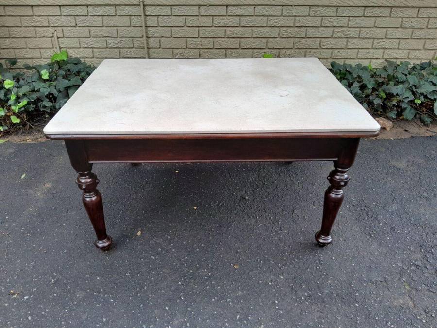 A 20th Century English Mahogany French Polished Table / Drinks Table With A Cream Marble Top (4 S...