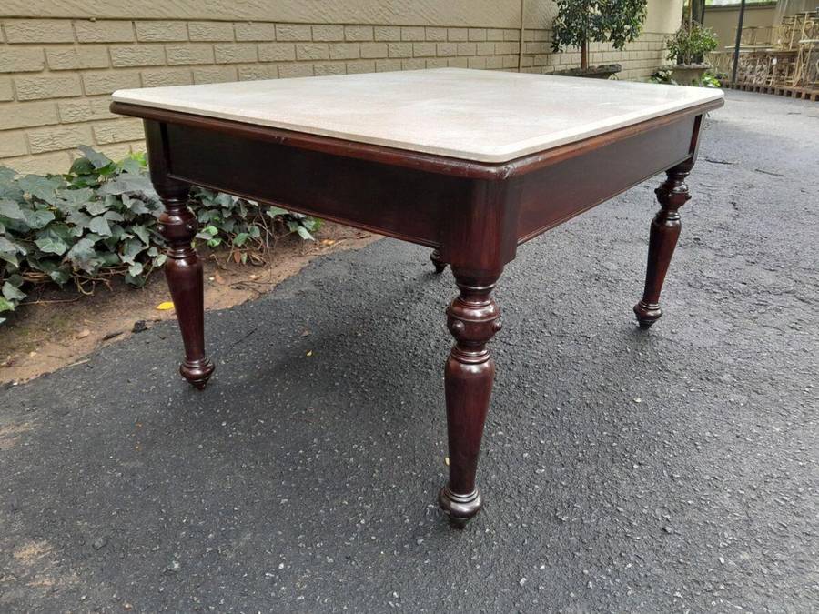 A 20th Century English Mahogany French Polished Table / Drinks Table With A Cream Marble Top (4 S...