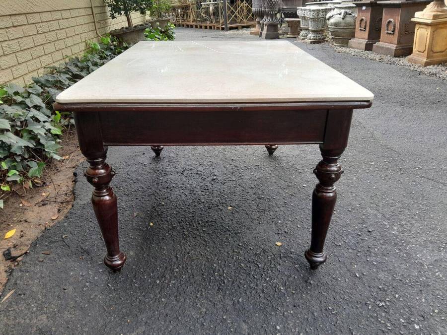 A 20th Century English Mahogany French Polished Table / Drinks Table With A Cream Marble Top (4 S...