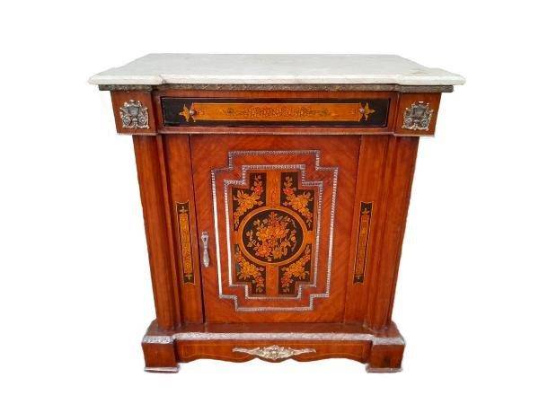 A 20th Century Cabinet With Floral Inlay And  Ormolu Hardware With Drawer, Door And Marble Top