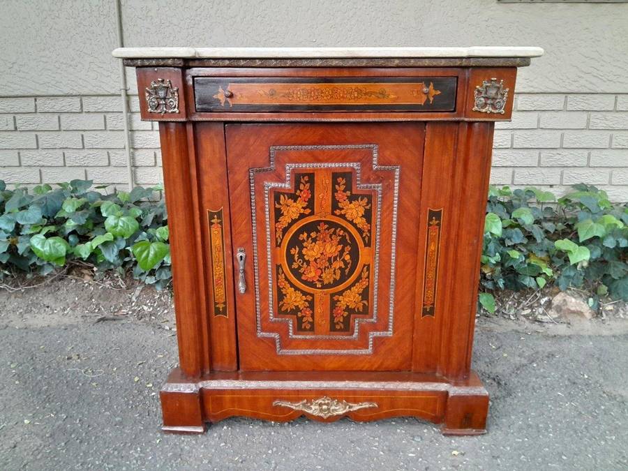 A 20th Century Cabinet With Floral Inlay And  Ormolu Hardware With Drawer, Door And Marble Top
