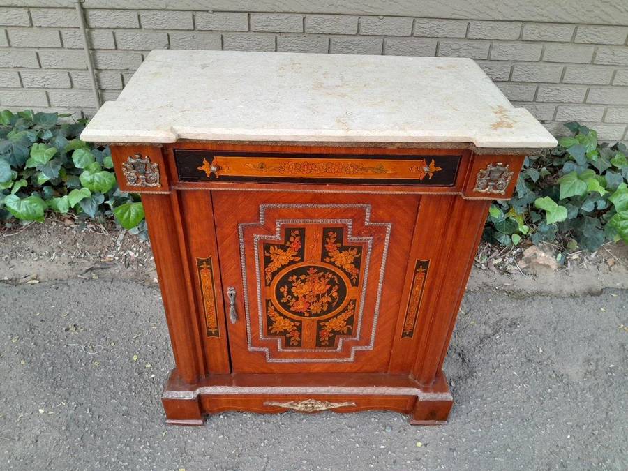 A 20th Century Cabinet With Floral Inlay And  Ormolu Hardware With Drawer, Door And Marble Top