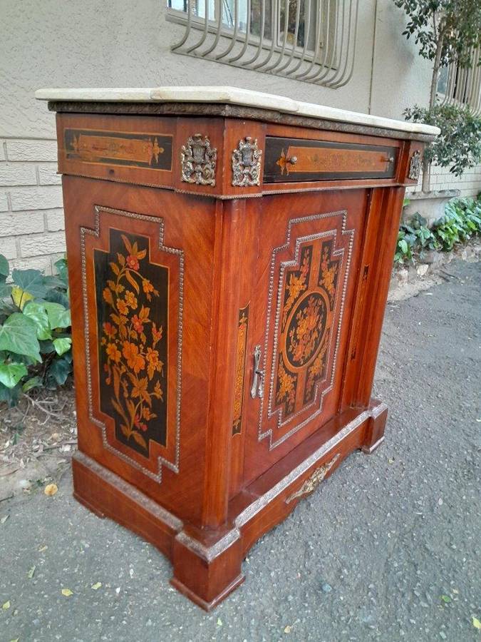 A 20th Century Cabinet With Floral Inlay And  Ormolu Hardware With Drawer, Door And Marble Top
