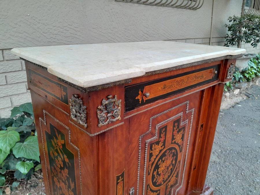 A 20th Century Cabinet With Floral Inlay And  Ormolu Hardware With Drawer, Door And Marble Top