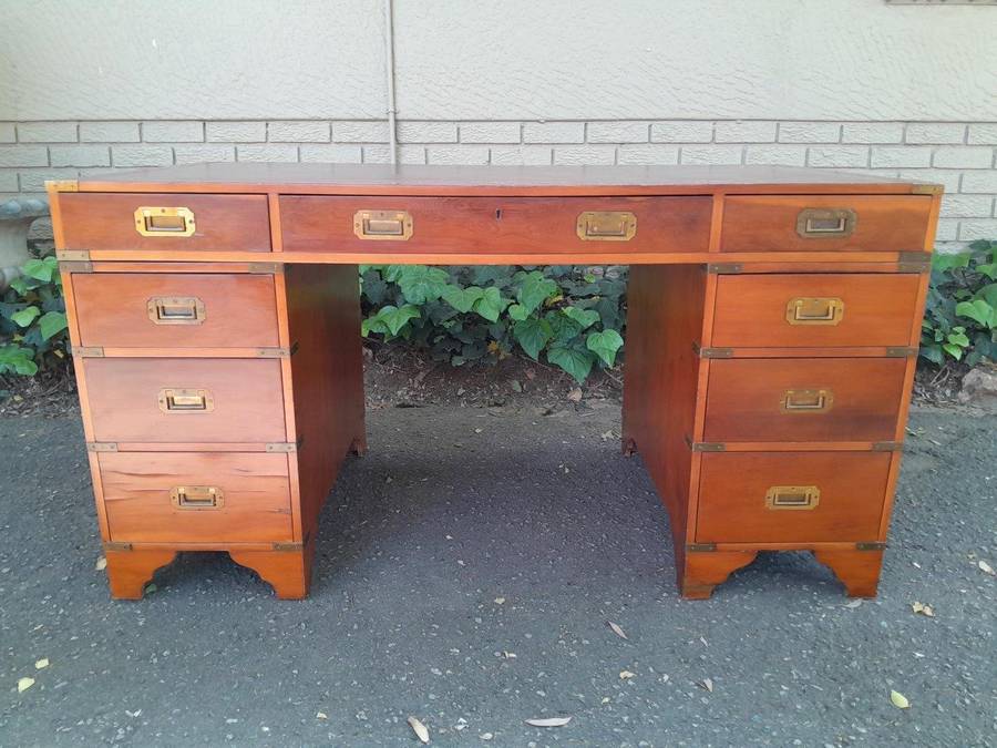 A 20th Century Teak Military Style Desk With Tooled Leather Top