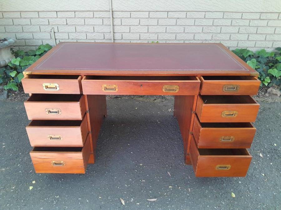 A 20th Century Teak Military Style Desk With Tooled Leather Top