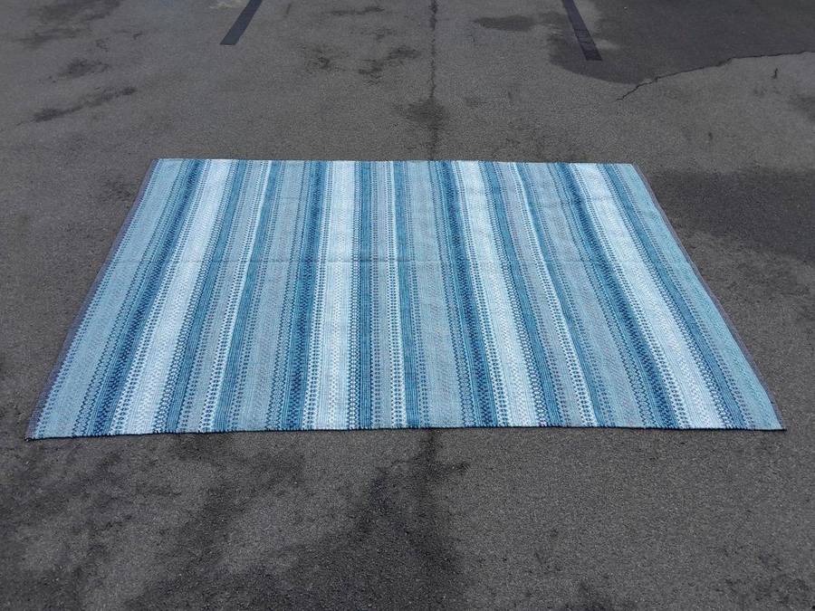 A  Striped Woven Cotton Dhurrie / Kelim Carpet / Rug With Blues And White Colours