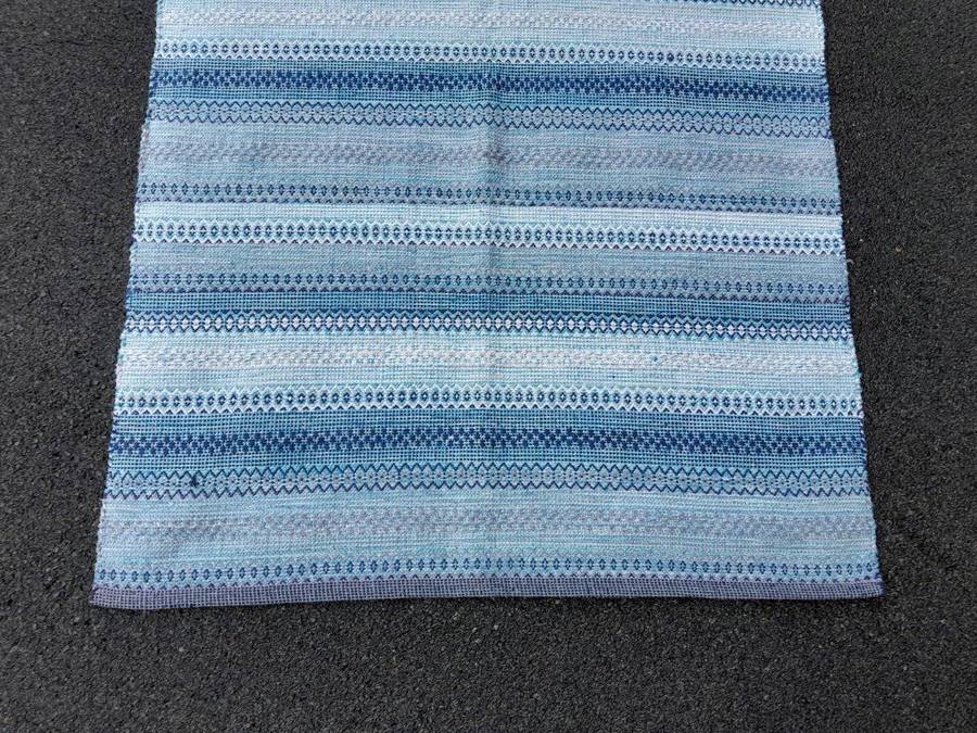 A  Striped Woven Cotton Dhurrie / Kelim Carpet / Rug With Blues And White Colours