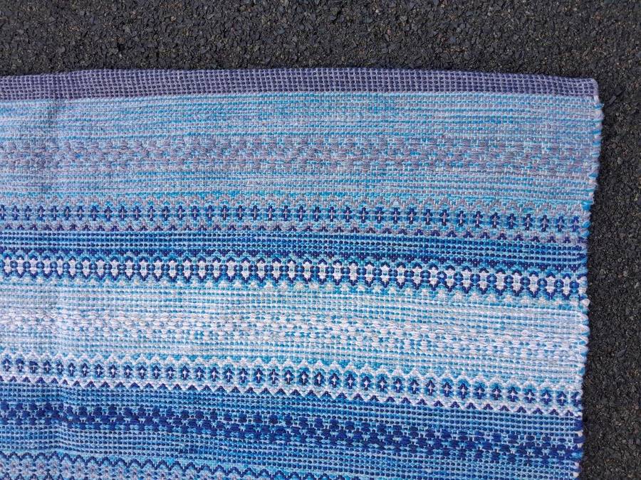 A  Striped Woven Cotton Dhurrie / Kelim Carpet / Rug With Blues And White Colours