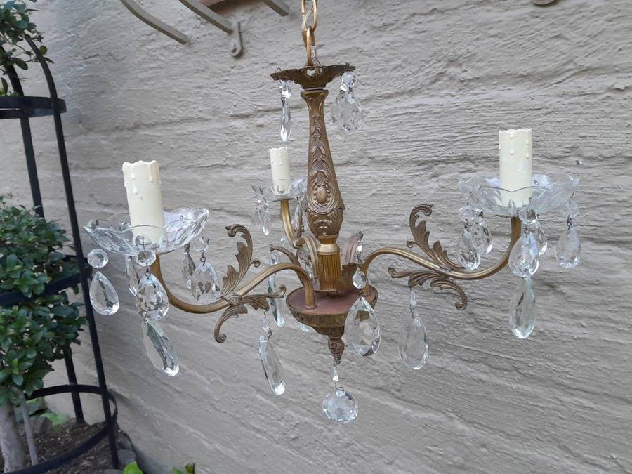 A 20th Century Gilt And Crystal And Glass Three Light Candelabra