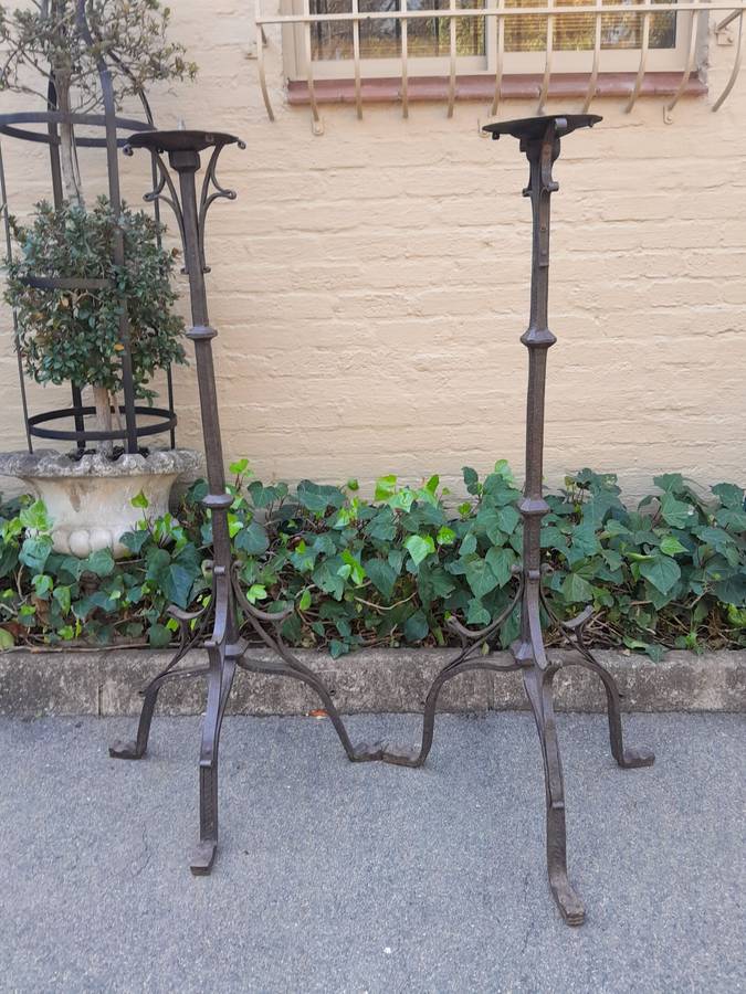 A Pair of Antique Cathedral Heavy Wrought Iron Candle Holders