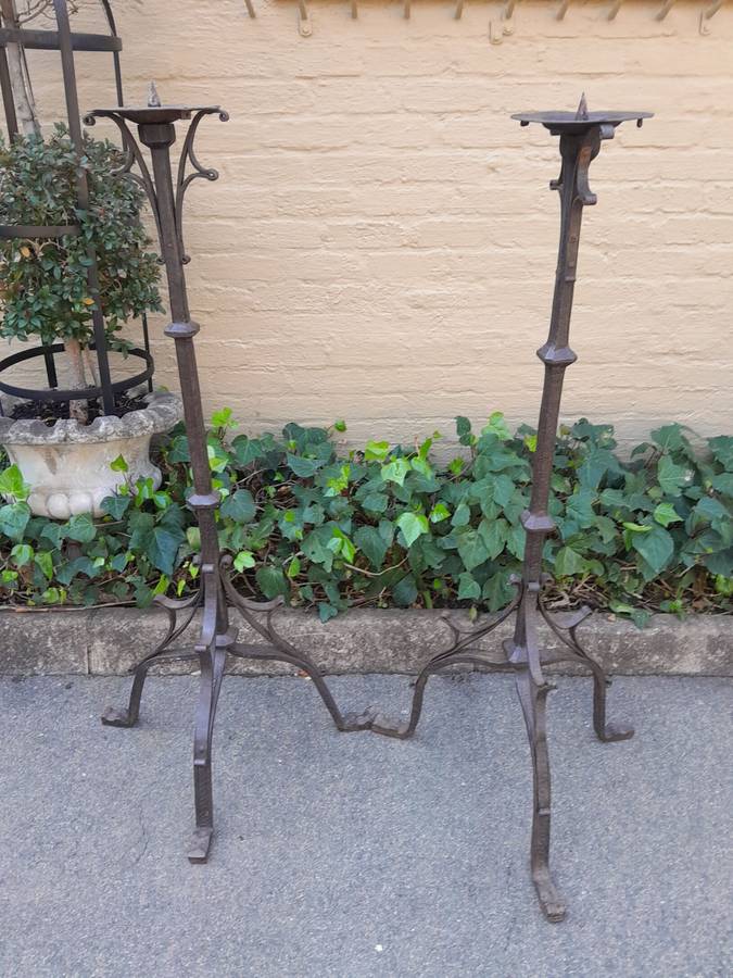 A Pair of Antique Cathedral Heavy Wrought Iron Candle Holders