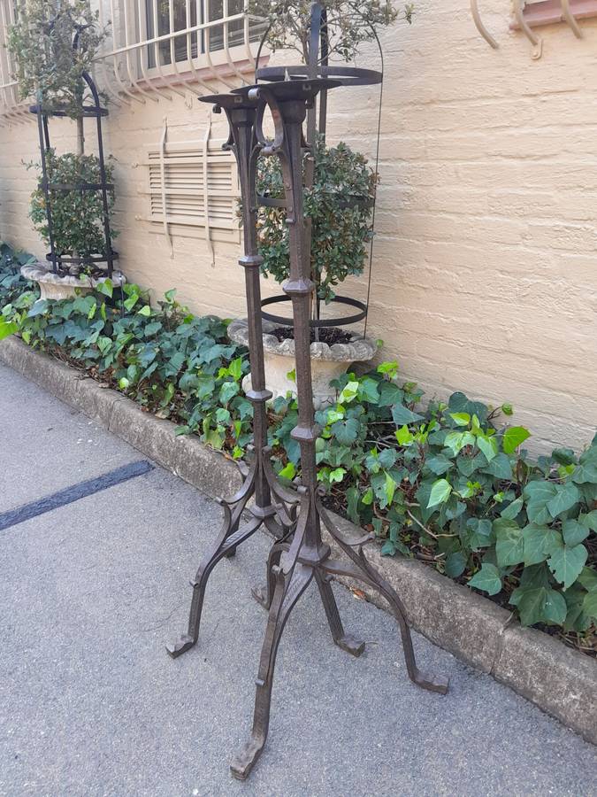 A Pair of Antique Cathedral Heavy Wrought Iron Candle Holders
