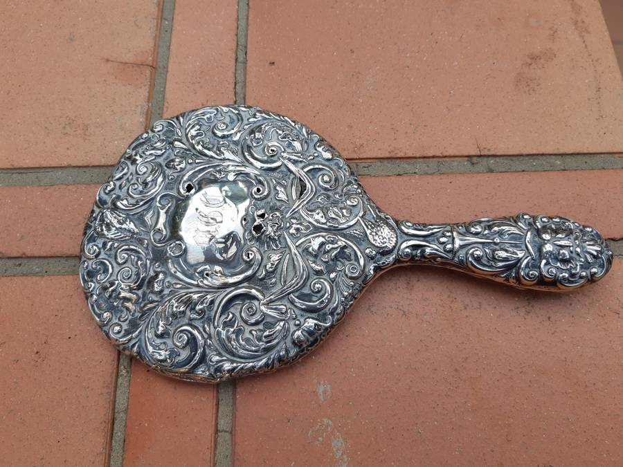 Antique Sterling Silver Hand Held Mirror With Repousse Work - Birmingham 1913
