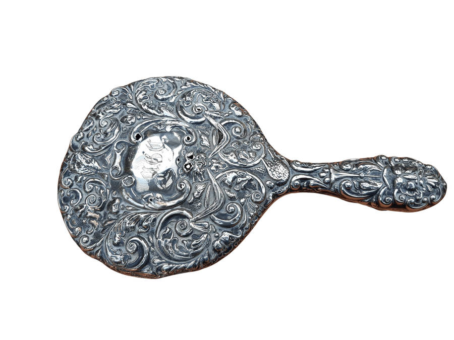 Antique Sterling Silver Hand Held Mirror With Repousse Work - Birmingham 1913