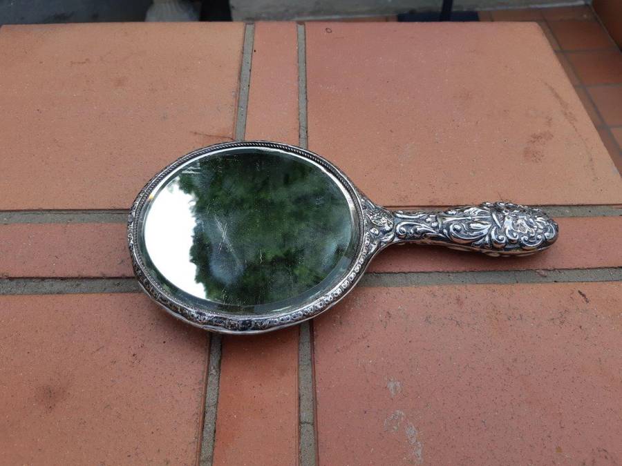 Antique Sterling Silver Hand Held Mirror With Repousse Work - Birmingham 1913