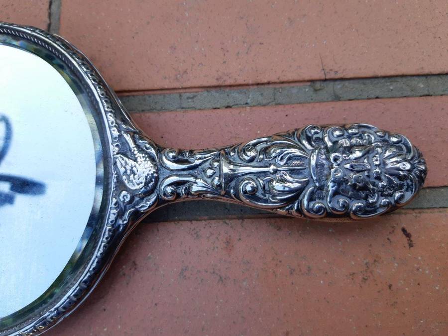 Antique Sterling Silver Hand Held Mirror With Repousse Work - Birmingham 1913