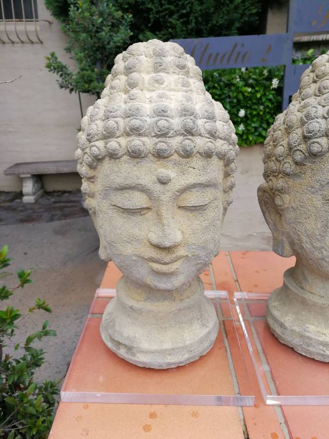 A Pair of 20th Century English Cast Stone Concrete Busts of Buddha On Perspex Bases ND