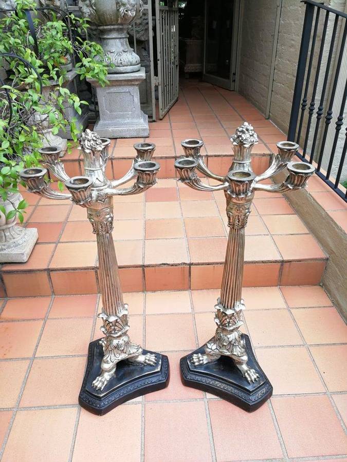 A Pair of Early 20th Century French Empire Style Silver- plated Chinoiserie Candelabras