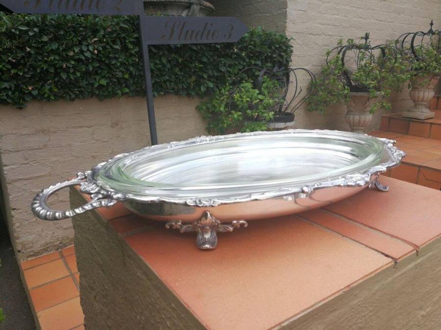 A Large And Heavy Silver Plate Seranco Serving Tray On Feet With Glass Liner