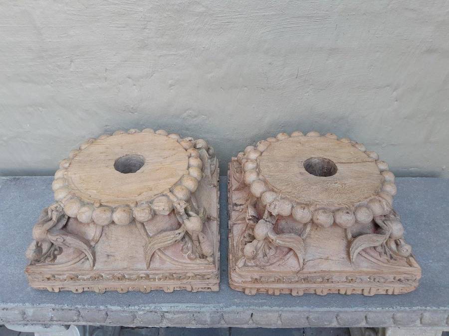 An Antique 19th Century Pair Of Carved Wooden Teak Capitals