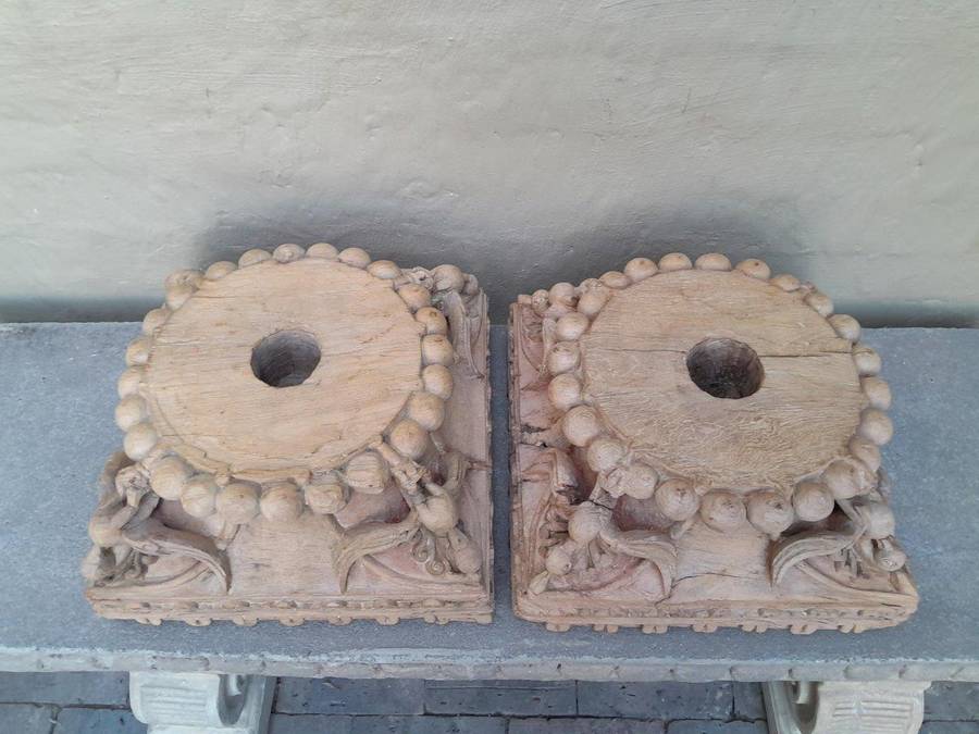 An Antique 19th Century Pair Of Carved Wooden Teak Capitals