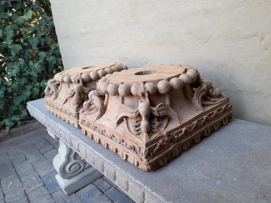 An Antique 19th Century Pair Of Carved Wooden Teak Capitals