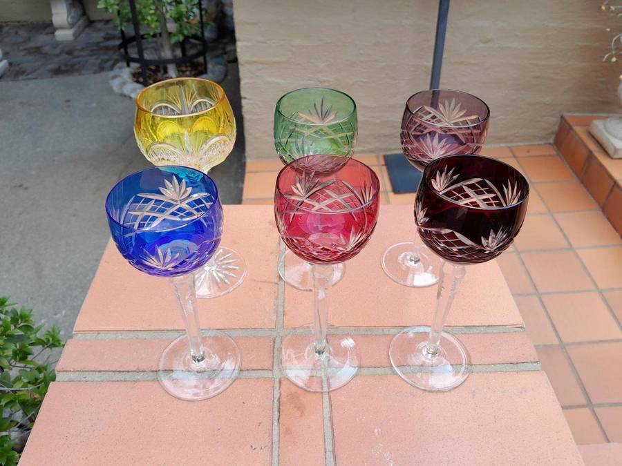 A Set of Six Crystal Harlequin Crystal Glasses in Various Colours