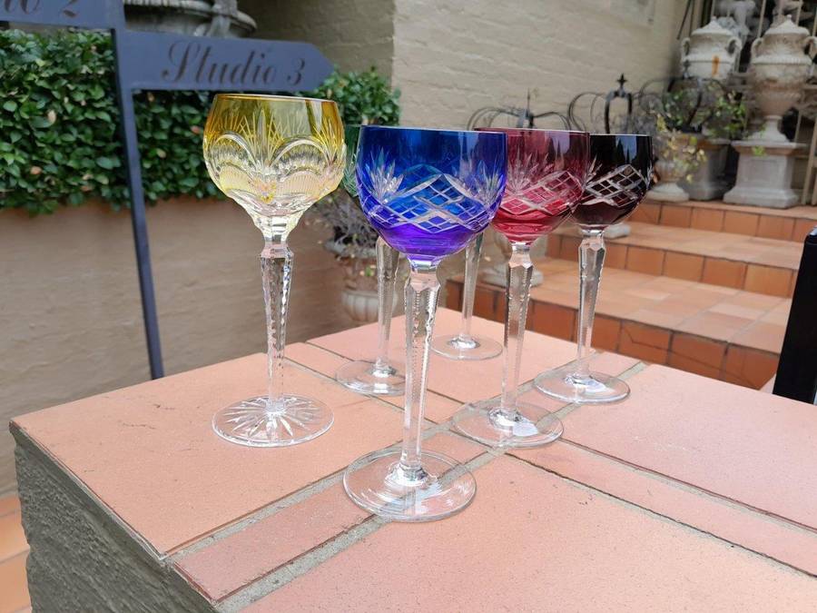 A Set of Six Crystal Harlequin Crystal Glasses in Various Colours