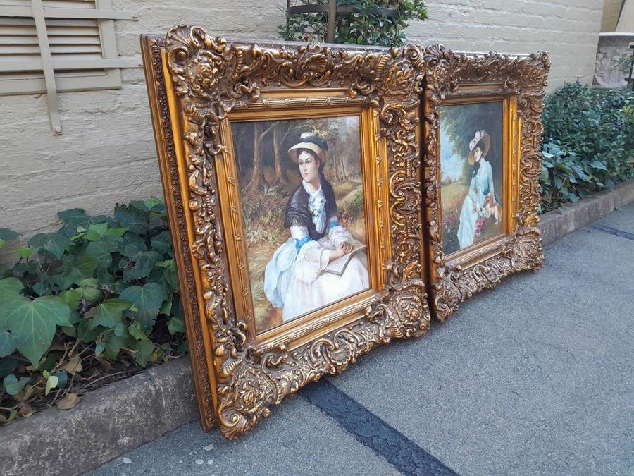 A Pair Oil Panting Of Ladies In Gilded Ornate Frames  Signed