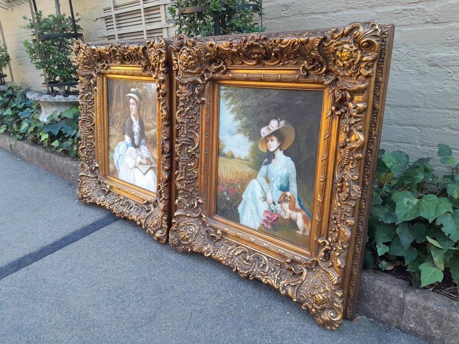 A Pair Oil Panting Of Ladies In Gilded Ornate Frames  Signed