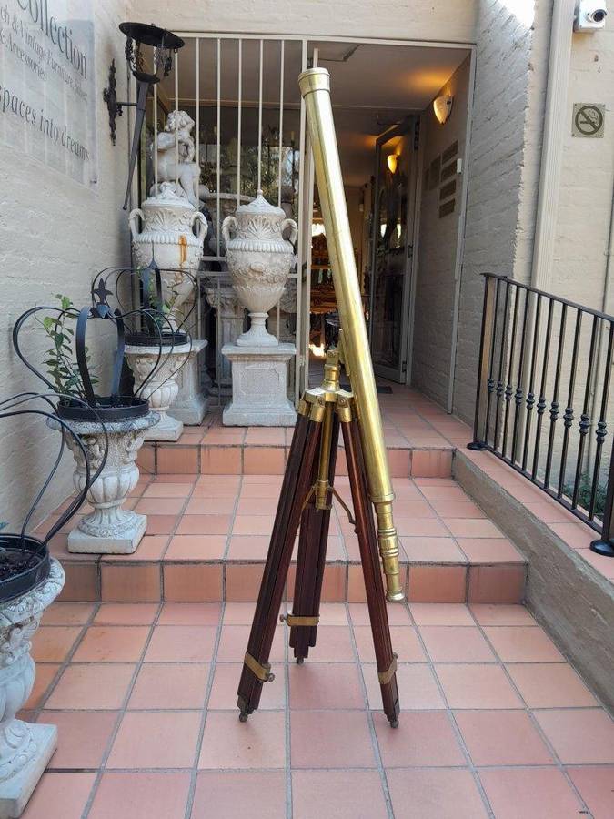 20th Century Antique Solid Brass Nautical Telescope On Wooden Tripod Legs