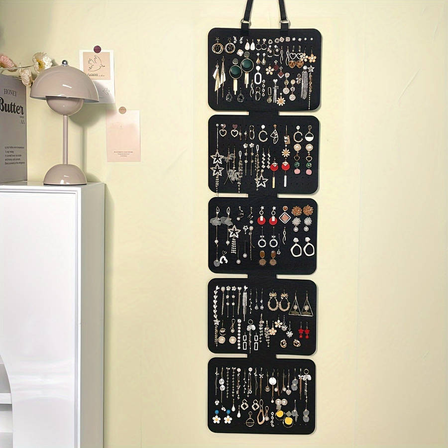 1pc Elegant Black Felt Jewelry Organizer 5 Tiers Hanging Storage