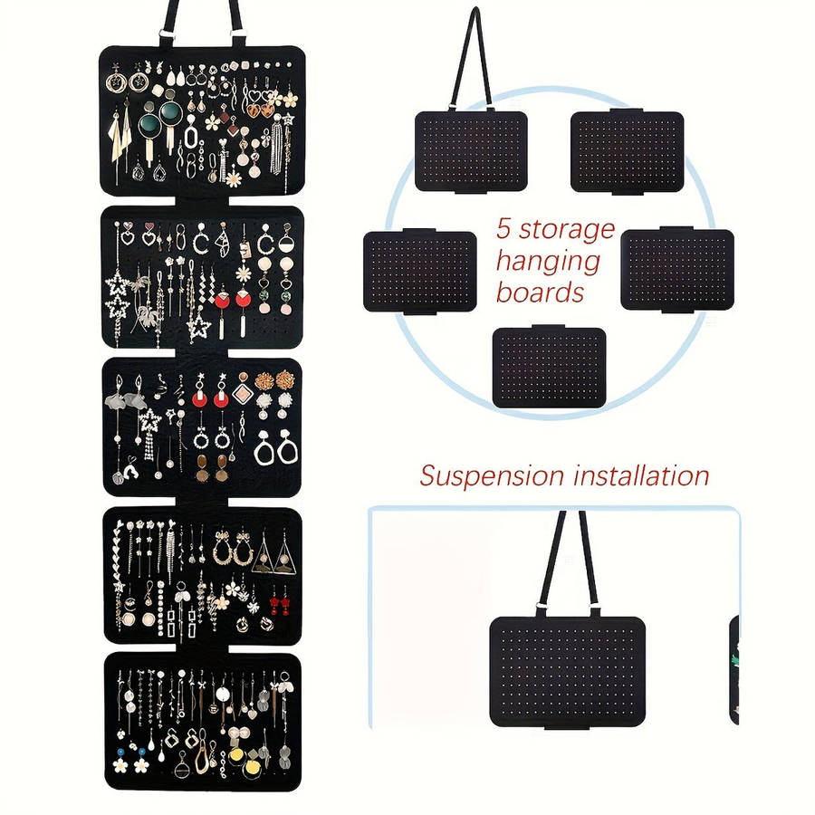 1pc Elegant Black Felt Jewelry Organizer 5 Tiers Hanging Storage
