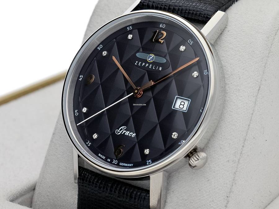 wow rrp R8,000.00 ZEPPELIN Germany Womens Grace SWAROVSKI Tufted Leather Anthracite Date Watch