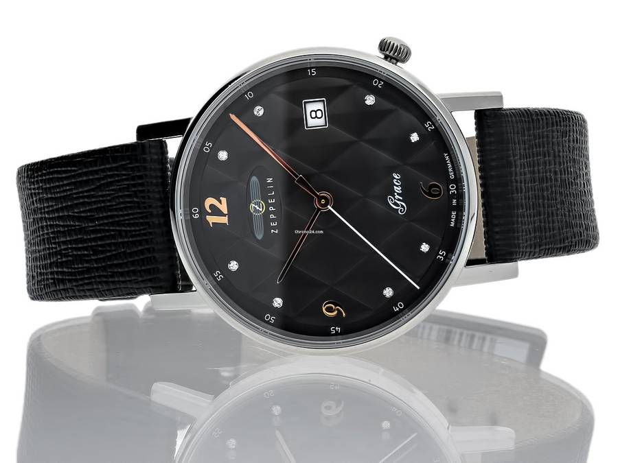 wow rrp R8,000.00 ZEPPELIN Germany Womens Grace SWAROVSKI Tufted Leather Anthracite Date Watch