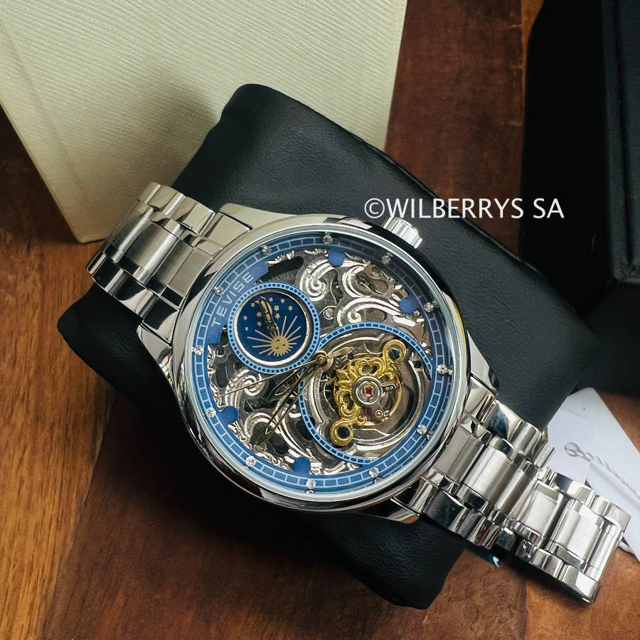 Retail: R2,399.00 TEVISE ® Men`s Pirogue II Silver Blue Automatic Moonphase Watch BRAND NEW
