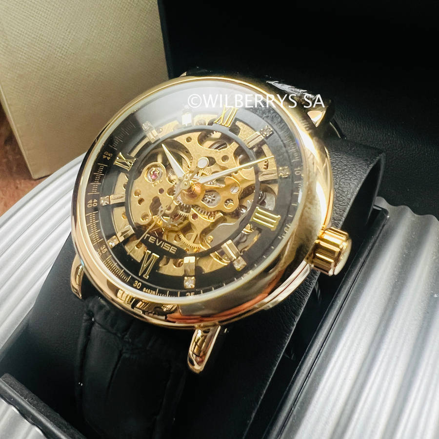Retail: R2,399.00 TEVISE® Men`s Metropolis II Leather Gold/Black Automatic SKELETON Watch NEW