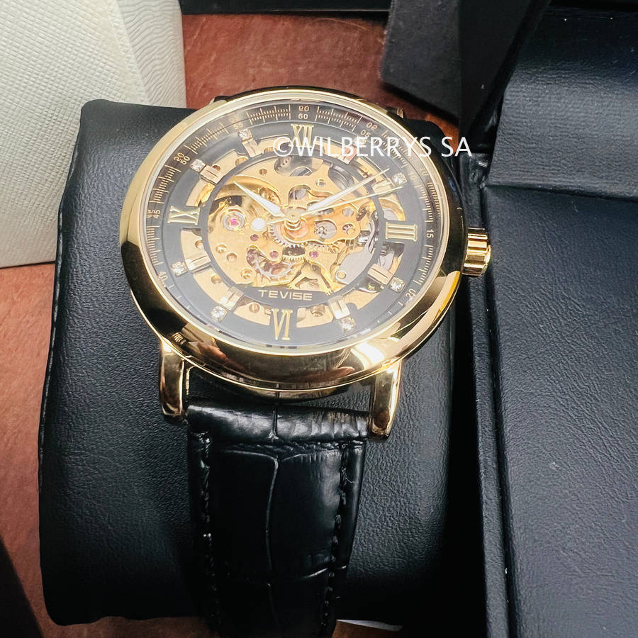 Retail: R2,399.00 TEVISE® Men`s Metropolis II Leather Gold/Black Automatic SKELETON Watch NEW