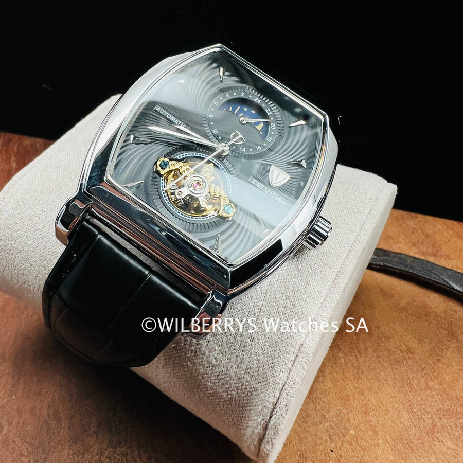 Retail: R2,899.00 TEVISE ® Men`s Tonneux Barista Moonphase Automatic Silver/Black Watch BRAND NEW