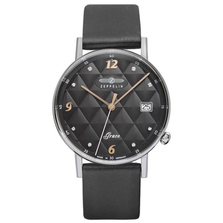 wow rrp R8,000.00 ZEPPELIN Germany Womens Grace SWAROVSKI Tufted Leather Anthracite Date Watch