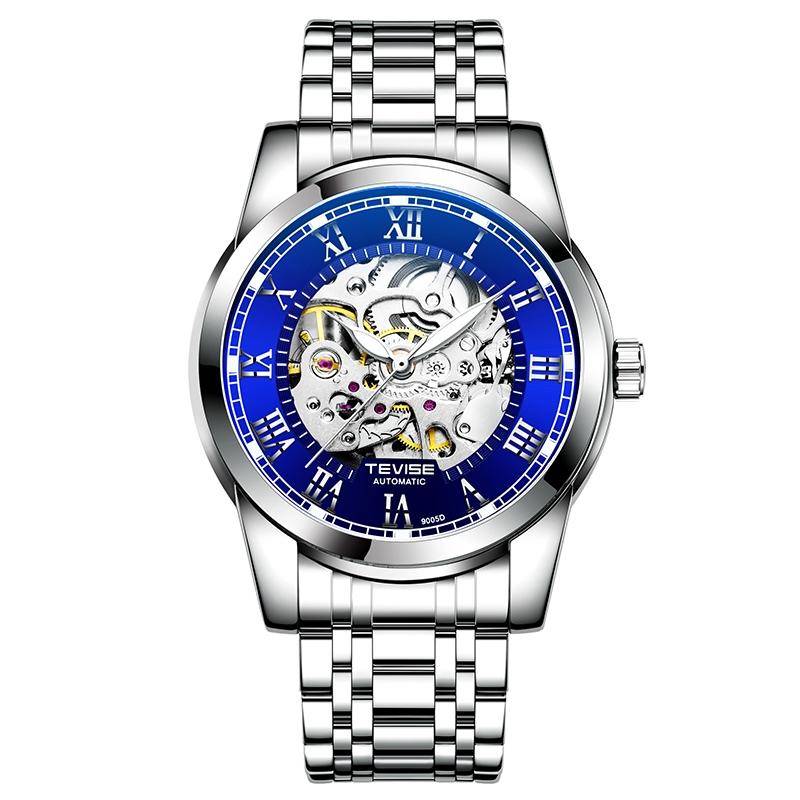 Retail: R1,999.00 TEVISE ® Men`s Skeleton Classic Steel Silver / Blue Watch BRAND NEW