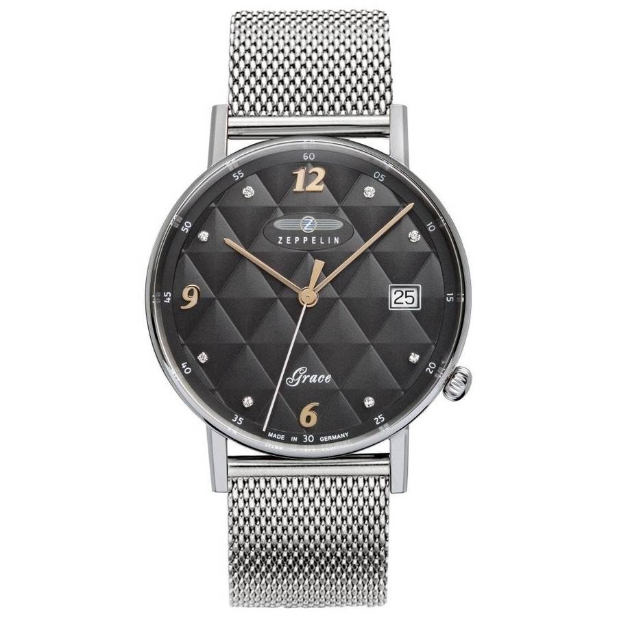 wow rrp R8,000.00 ZEPPELIN Germany Womens Grace SWAROVSKI Tufted Milanese Anthracite Date Watch