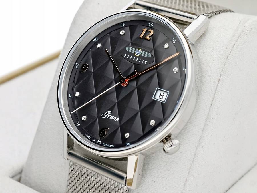 wow rrp R8,000.00 ZEPPELIN Germany Womens Grace SWAROVSKI Tufted Milanese Anthracite Date Watch