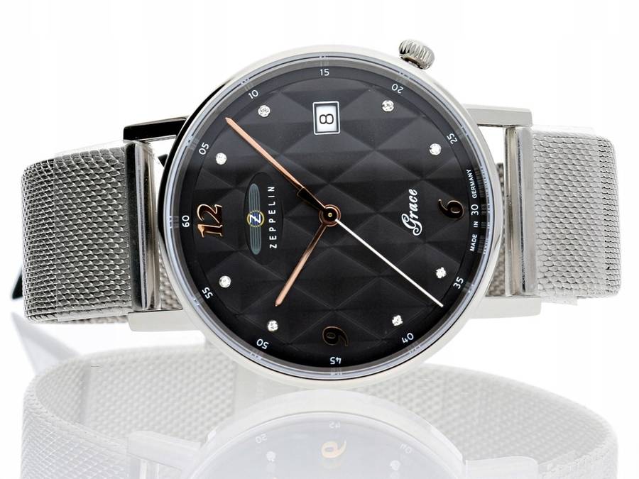 wow rrp R8,000.00 ZEPPELIN Germany Womens Grace SWAROVSKI Tufted Milanese Anthracite Date Watch