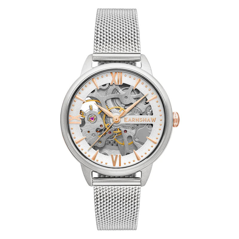 *masterpiece* worth R6,900.00 THOMAS EARNSHAW Womens AUTOMATIC Skeleton Warm Silver Milanese Watch