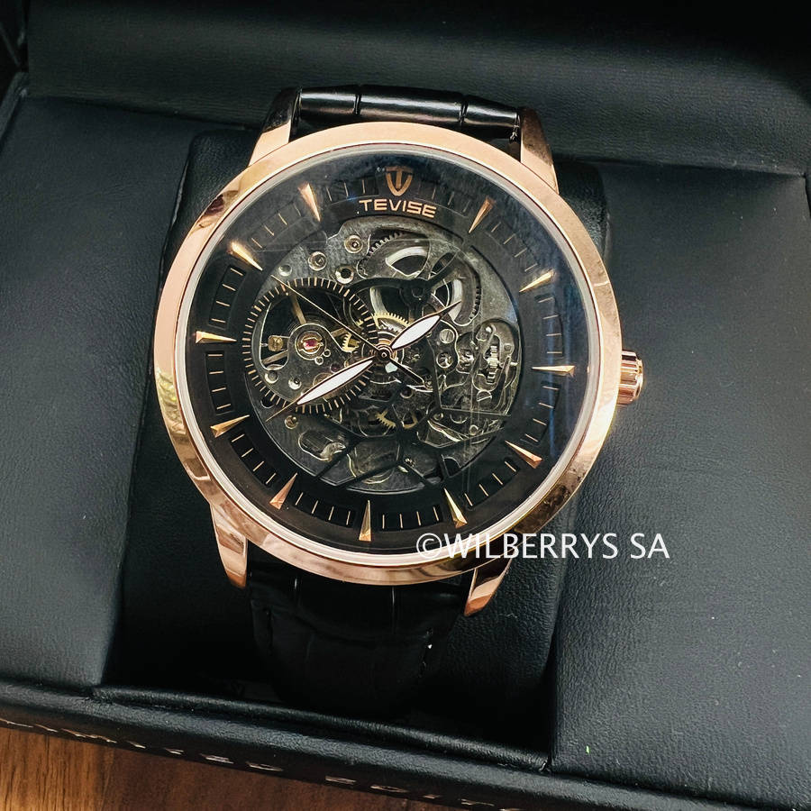 Retail: R2,399.00 TEVISE ® Mens DREAM Automatic Leather Rose Gold Watch BRAND NEW