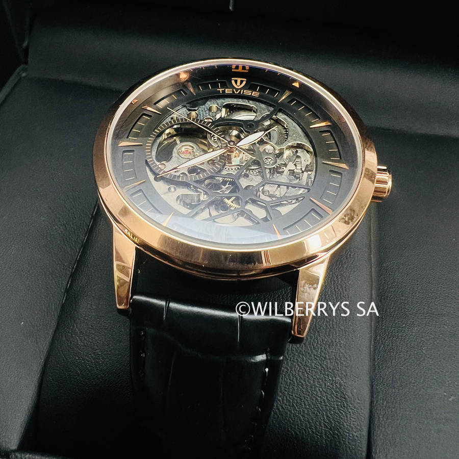 Retail: R2,399.00 TEVISE ® Mens DREAM Automatic Leather Rose Gold Watch BRAND NEW