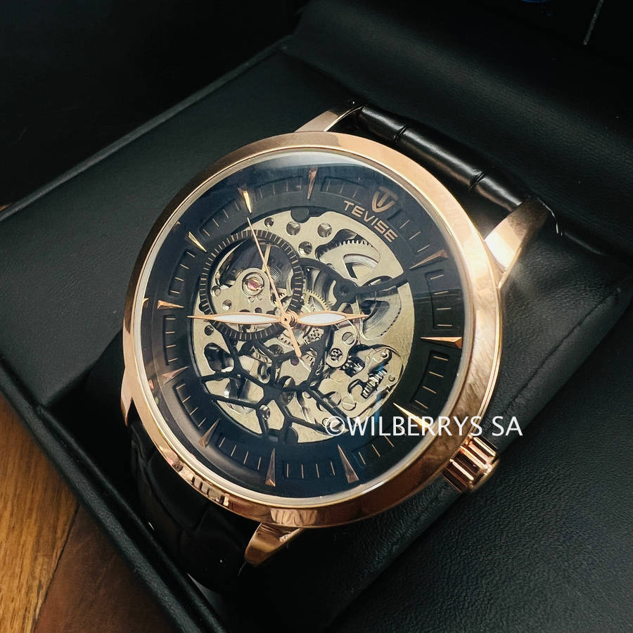 Retail: R2,399.00 TEVISE ® Mens DREAM Automatic Leather Rose Gold Watch BRAND NEW